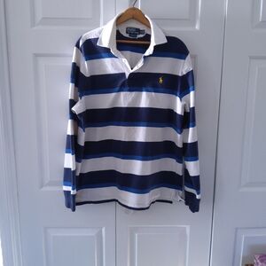 Polo Ralph Lauren Vintage Rugby Navy  White Striped Long Sleeve Shirt Sz XL
